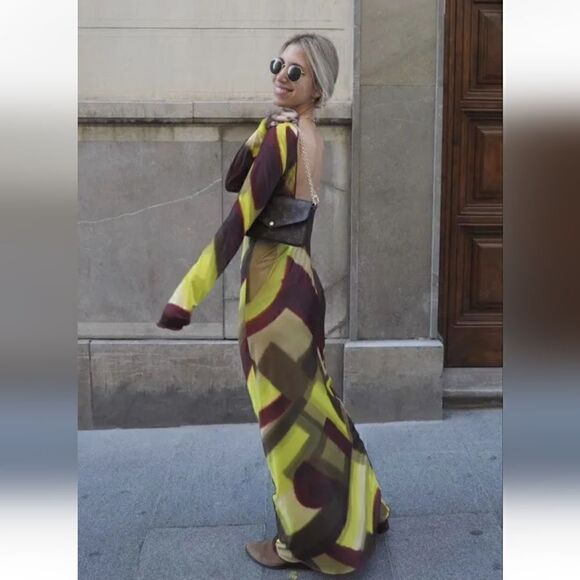 NWT VIRAL ZARA PRINTED MAXI DRESS TULLE BROWN GREEN MULTI - Picture 8 of 16